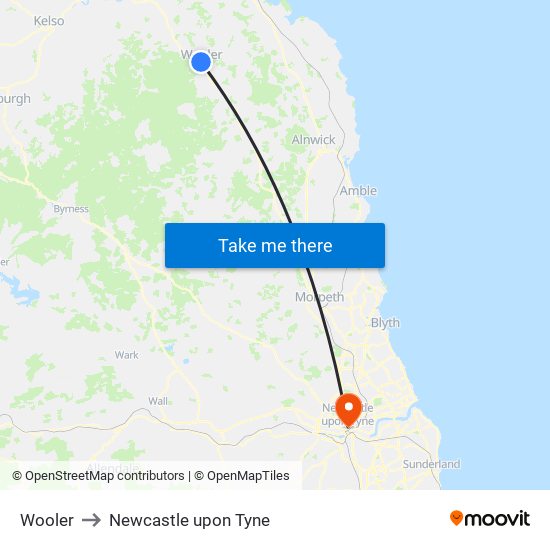 Wooler to Newcastle upon Tyne map