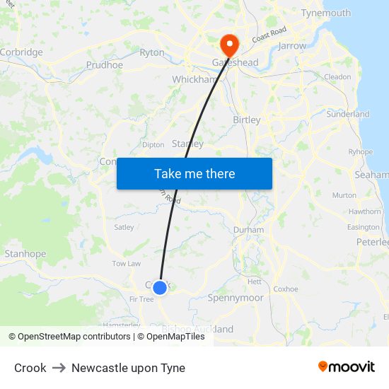 Crook to Newcastle upon Tyne map