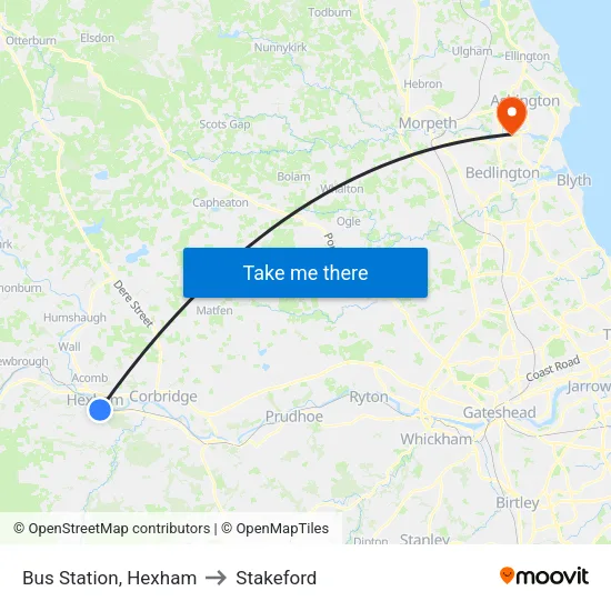 Bus Station, Hexham to Stakeford map