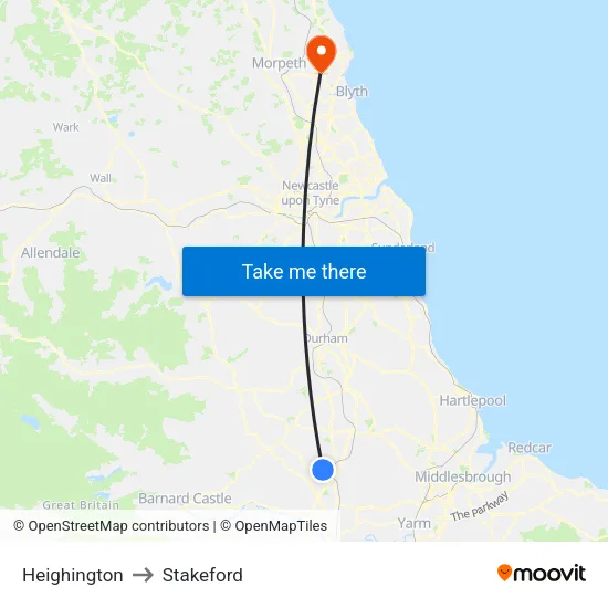 Heighington to Stakeford map