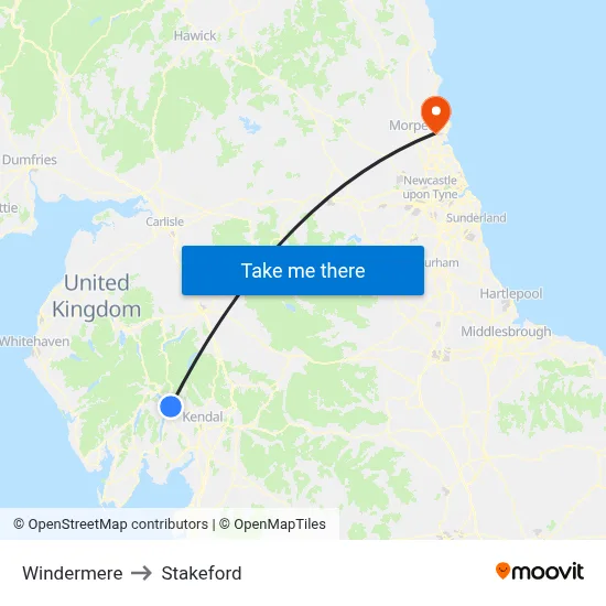 Windermere to Stakeford map
