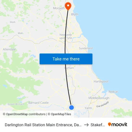 Darlington Rail Station Main Entrance, Darlington to Stakeford map