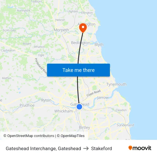 Interchange, Gateshead to Stakeford map