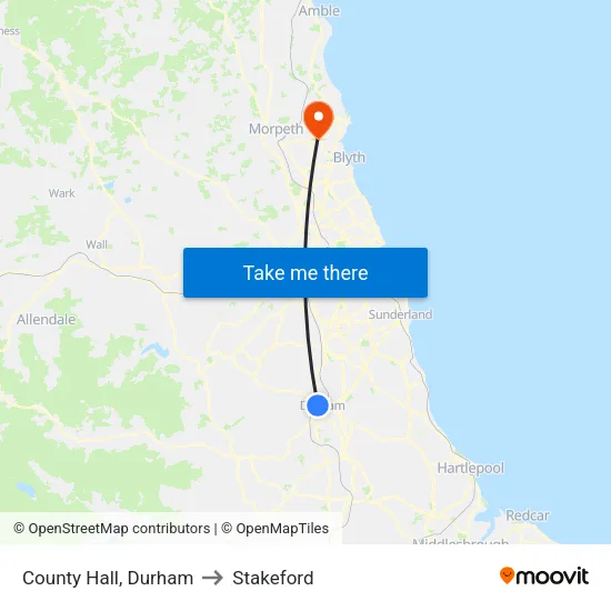 County Hall, Durham to Stakeford map