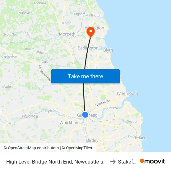 High Level Bridge North End, Newcastle upon Tyne to Stakeford map