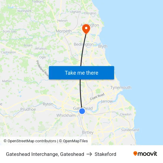 Interchange, Gateshead to Stakeford map