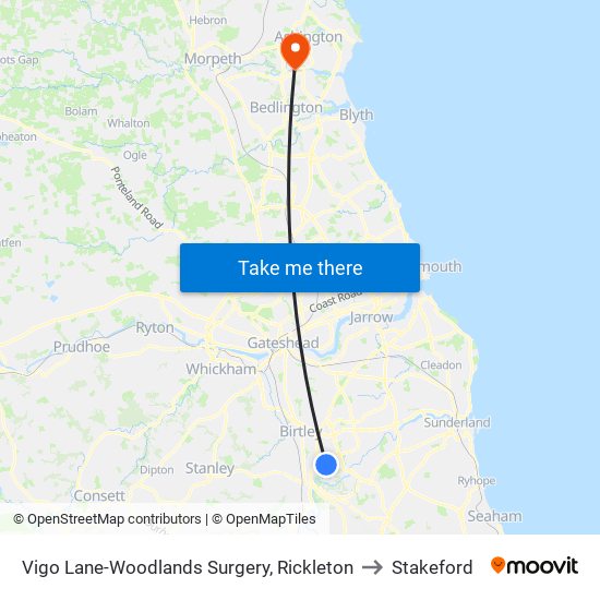 Vigo Lane-Woodlands Surgery, Rickleton to Stakeford map