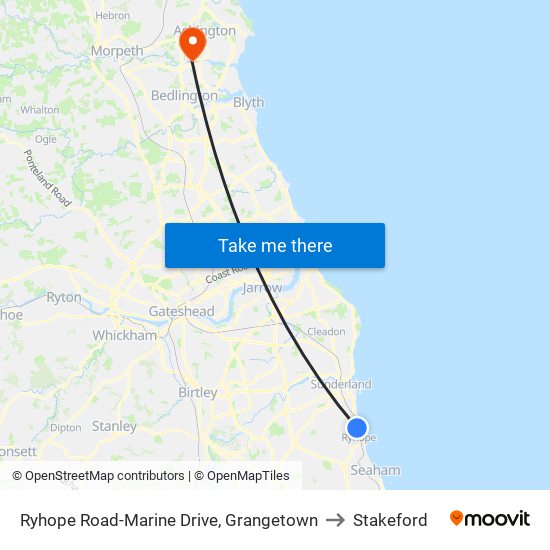 Ryhope Road-Marine Drive, Grangetown to Stakeford map