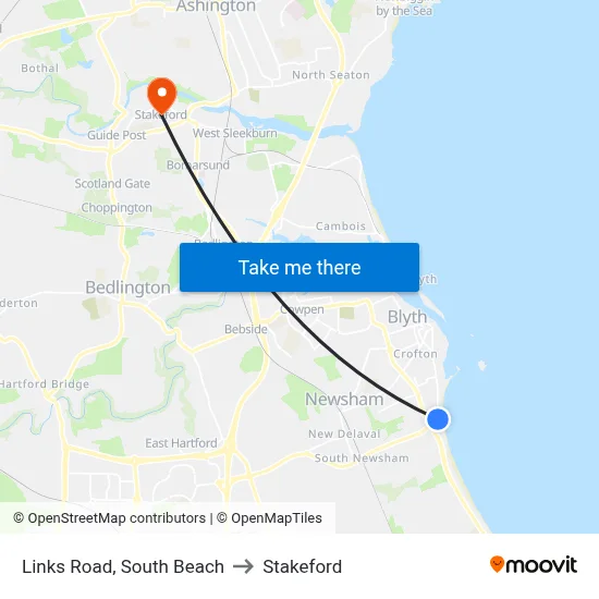 Links Road, South Beach to Stakeford map