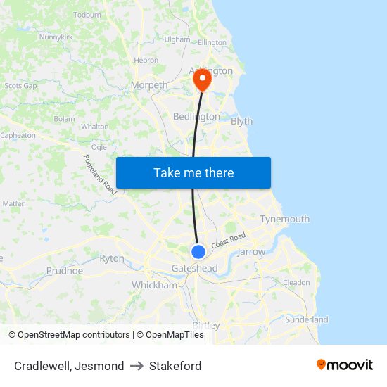 Cradlewell, Jesmond to Stakeford map