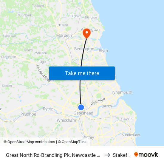 Great North Rd-Brandling Pk, Newcastle upon Tyne to Stakeford map