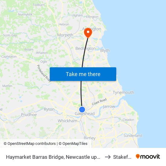 Haymarket Barras Bridge, Newcastle upon Tyne to Stakeford map