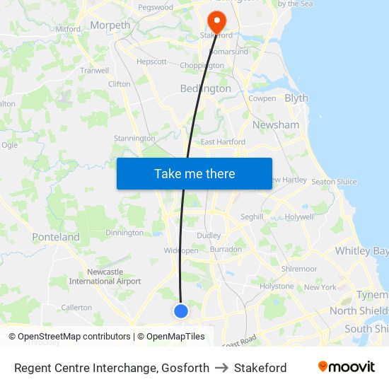 Regent Centre Interchange, Gosforth to Stakeford map