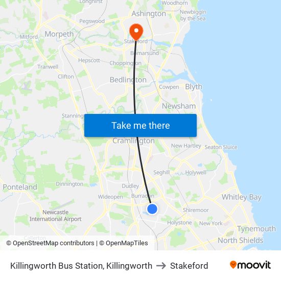 Killingworth Bus Station, Killingworth to Stakeford map