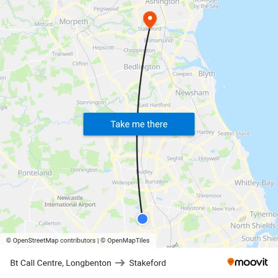 Bt Call Centre, Longbenton to Stakeford map