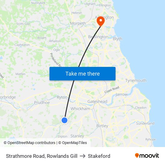 Strathmore Road, Rowlands Gill to Stakeford map