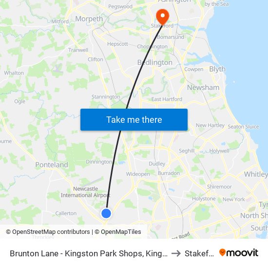 Brunton Lane - Kingston Park Shops, Kingston Park to Stakeford map