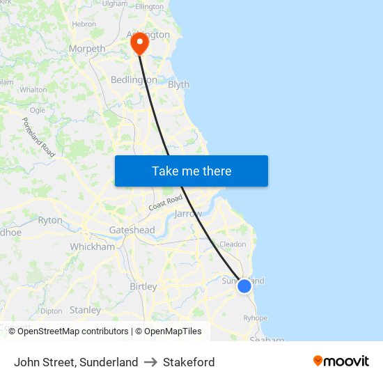 John Street, Sunderland to Stakeford map