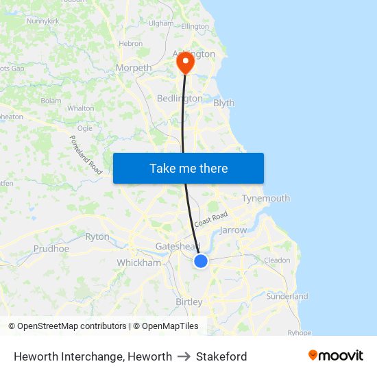 Heworth Interchange, Heworth to Stakeford map