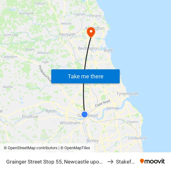 Grainger Street Stop 55, Newcastle upon Tyne to Stakeford map