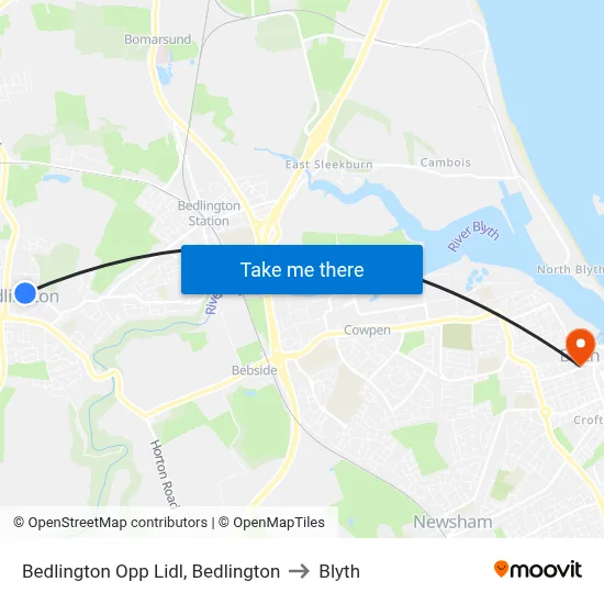 Bedlington Opp Lidl, Bedlington to Blyth map