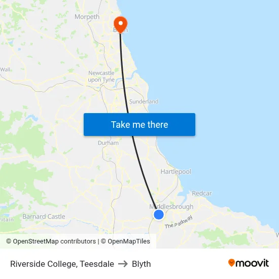 Riverside College, Teesdale to Blyth map