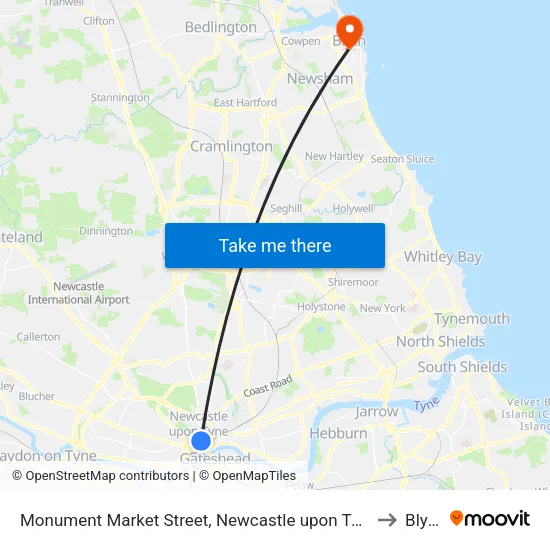 Monument Market Street, Newcastle upon Tyne to Blyth map