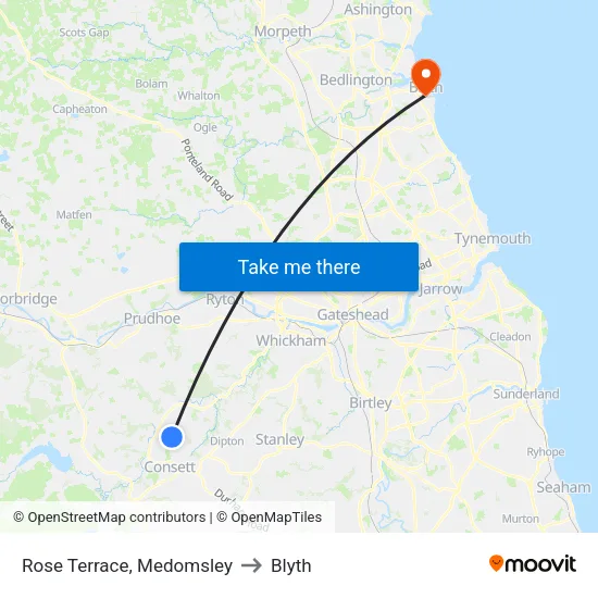 Rose Terrace, Medomsley to Blyth map