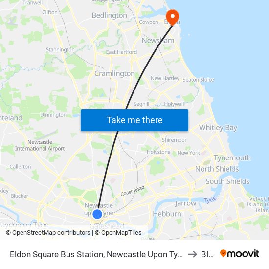 Eldon Square Bus Station, Newcastle Upon Tyne (Stand E) to Blyth map