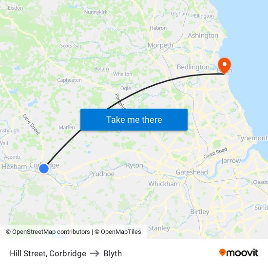 Hill Street, Corbridge to Blyth map