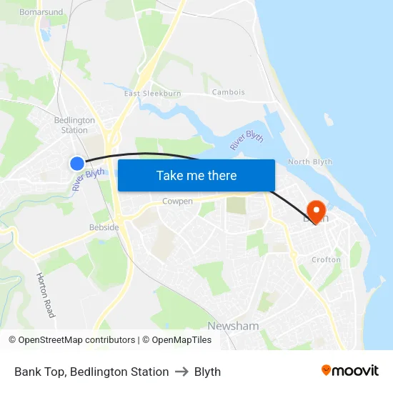 Bank Top, Bedlington Station to Blyth map
