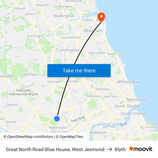 Great North Road-Blue House, West Jesmond to Blyth map