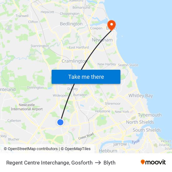 Regent Centre Interchange, Gosforth to Blyth map