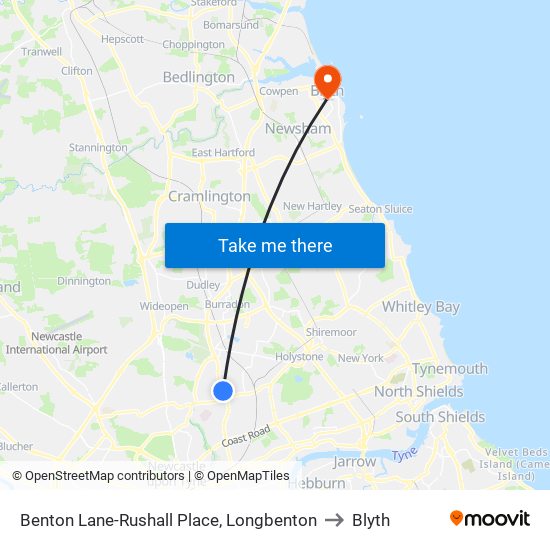 Benton Lane-Rushall Place, Longbenton to Blyth map