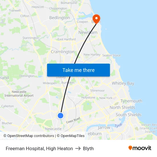 Freeman Hospital, High Heaton to Blyth map