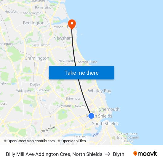 Billy Mill Ave-Addington Cres, North Shields to Blyth map