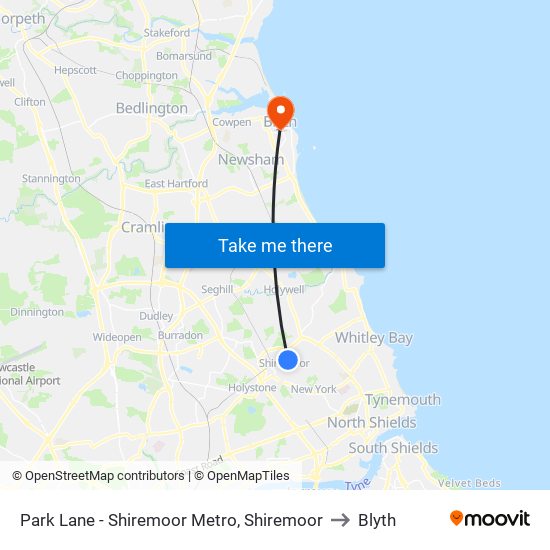 Park Lane - Shiremoor Metro, Shiremoor to Blyth map