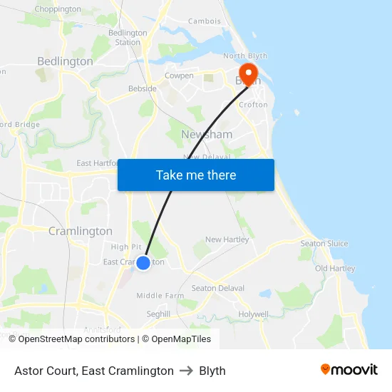 Astor Court, East Cramlington to Blyth map