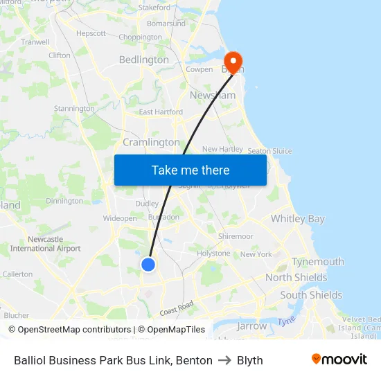 Balliol Business Park Bus Link, Benton to Blyth map