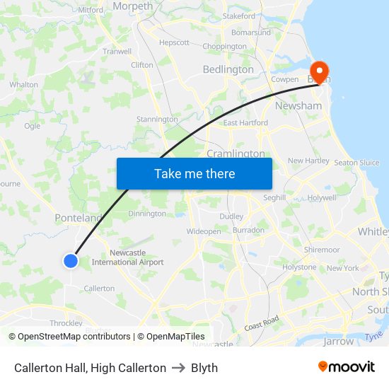 Callerton Hall, High Callerton to Blyth map