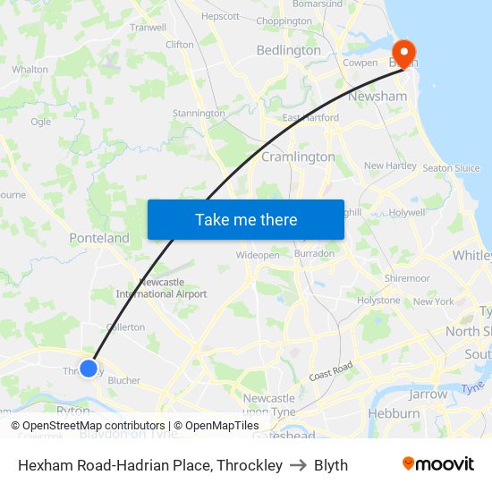 Hexham Road-Hadrian Place, Throckley to Blyth map