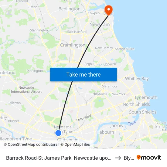 Barrack Road-St James Park, Newcastle upon Tyne to Blyth map