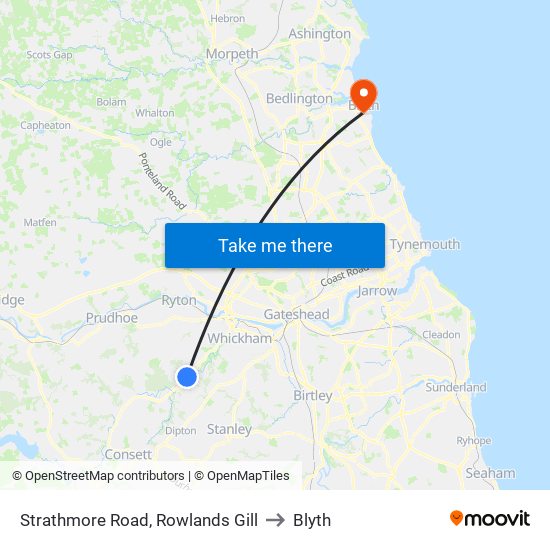 Strathmore Road, Rowlands Gill to Blyth map