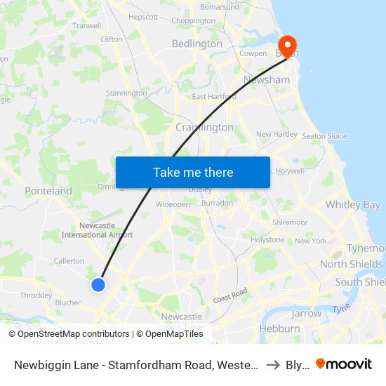 Newbiggin Lane - Stamfordham Road, Westerhope to Blyth map