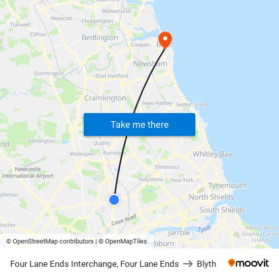Four Lane Ends Interchange, Four Lane Ends to Blyth map