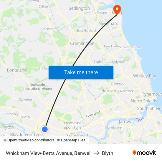 Whickham View-Betts Avenue, Benwell to Blyth map