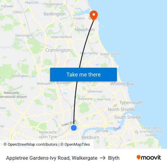 Appletree Gardens-Ivy Road, Walkergate to Blyth map