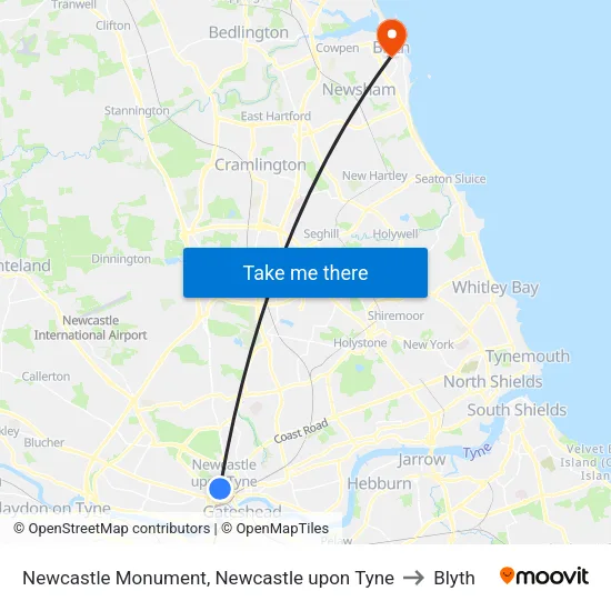 Newcastle Monument, Newcastle upon Tyne to Blyth map