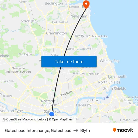 Gateshead Interchange, Gateshead to Blyth map