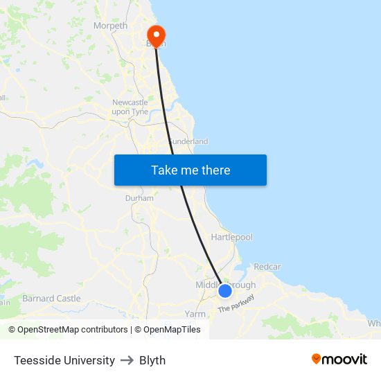 Teesside University to Blyth map